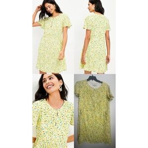 LOFT A-Line Dress Womens L Yellow Floral Pleated Button Front Pintuck Side Tie